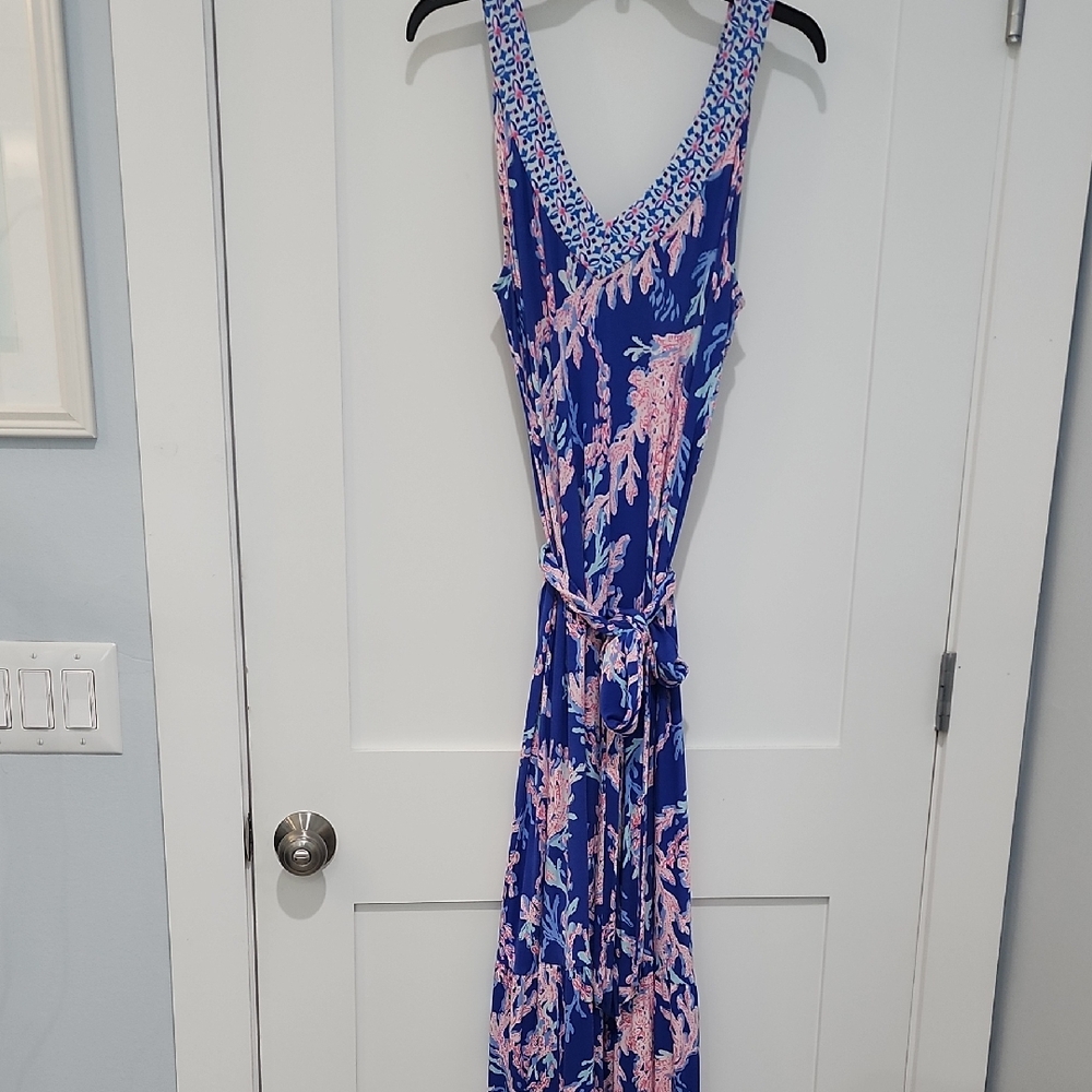 Lilly Pulitzer Blue and Pink Coral V-neck Midi Dress